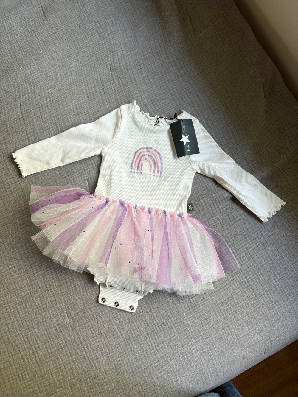 Baby Girls White Long-Sleeve Tulle Rainbow Tutu Bodysuit
